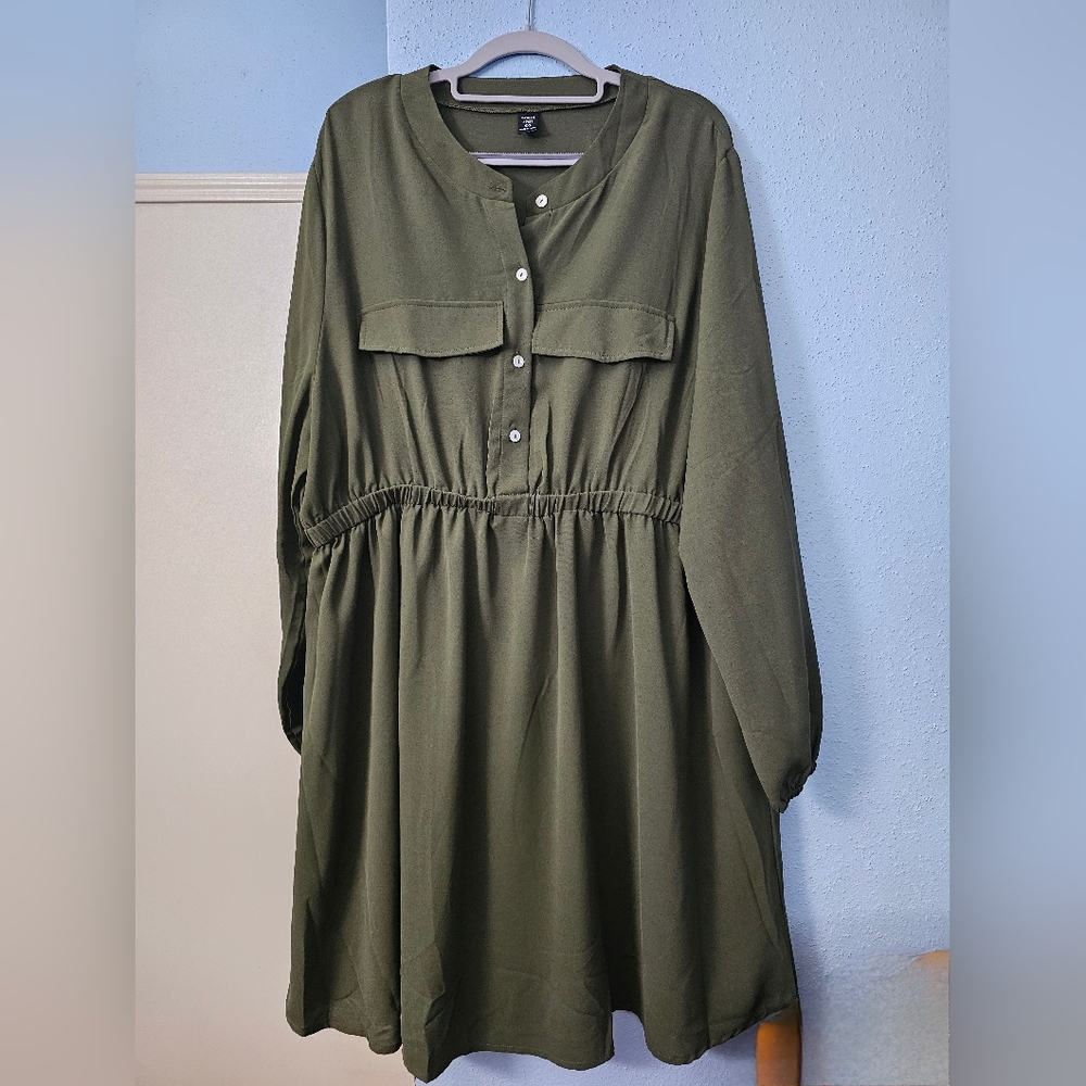 New - Shein Curve - Button Front Olive Green Dress - 4XL